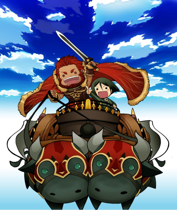 2boys, armor, beard, black_hair, bull, cape, chariot, chibi