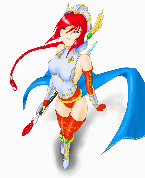 1girl, blue_eyes, blush, braid, duel_monster, element_valkyrie, female_focus, fingerless_gloves