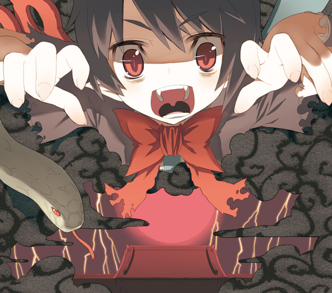 1girl, asymmetrical_wings, bags_under_eyes, black_hair, cloud, female_focus, houjuu_nue, lightning