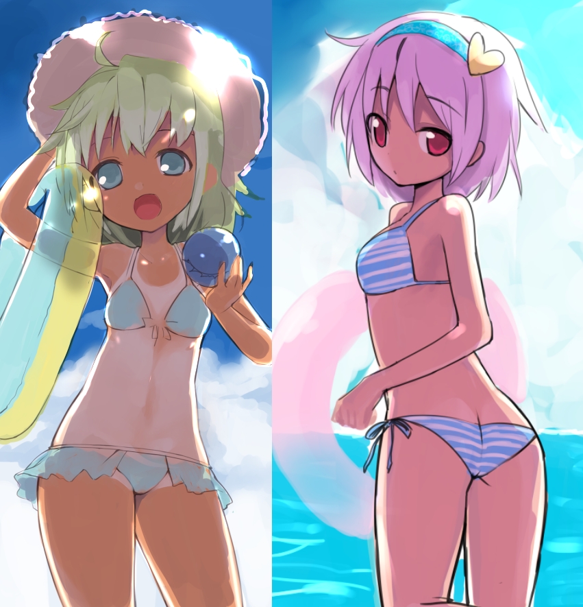 2girls, ass, bad_id, bad_pixiv_id, bikini, blue_eyes, butt_crack, cloud, day, female_focus, green_hair, hat, innertube, komeiji_koishi, komeiji_satori, looking_at_viewer, multiple_girls, numako, pink_hair, red_eyes, short_hair, siblings, sisters, sky, swim_ring, swimsuit, tan, tanline, third_eye, touhou