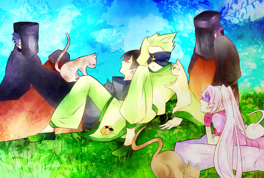 1girl, 4boys, artist_request, black_hair, blindfold, blonde_hair, cat, character_request, choujabaru_tokemichi, covered_eyes, covered_face, day, grass, green_eyes, kumagawa_misogi, lying, medaka_box, multiple_boys, nature, on_ground, outdoors, pink_hair, sky, sleeping, tachiarai_kiruko, twintails
