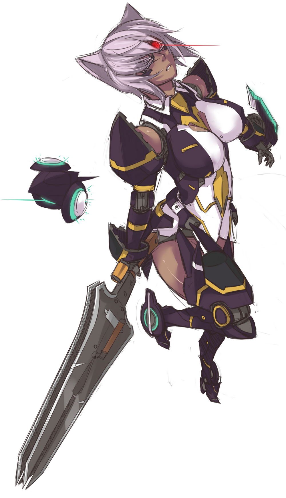 1girl, android, animal_ears, bare_shoulders, breasts, cat_ears, dark-skinned_female, dark_skin, exaxuxer, female_focus, glasses, glowing, glowing_eye, gunblade, hair_over_one_eye, highres, ionia_series, joints, large_breasts, light_purple_hair, light_trail, looking_at_viewer, mag_(phantasy_star_online), parted_lips, phantasy_star, phantasy_star_online, phantasy_star_online_2, purple_hair, robot_joints, short_hair, simple_background, solo, sword, weapon