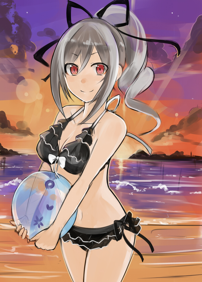 10s, 1girl, alternate_hairstyle, ball, beach, beachball, bikini, black_bikini