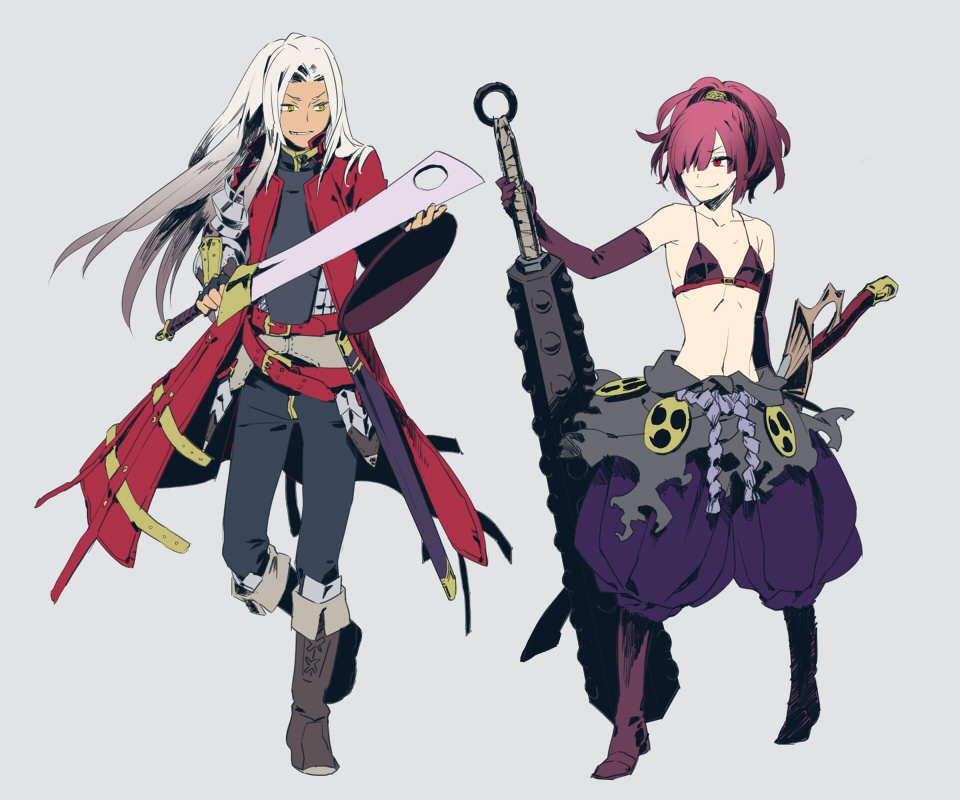 1boy, 1girl, armor, atlus, bare_shoulders, bikini, club, club_(weapon)