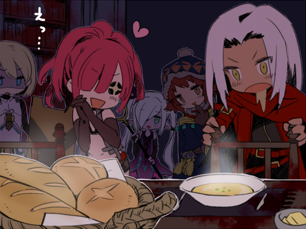 +_+, 1boy, 4girls, armor, atlus, bare_shoulders, blonde_hair, bread