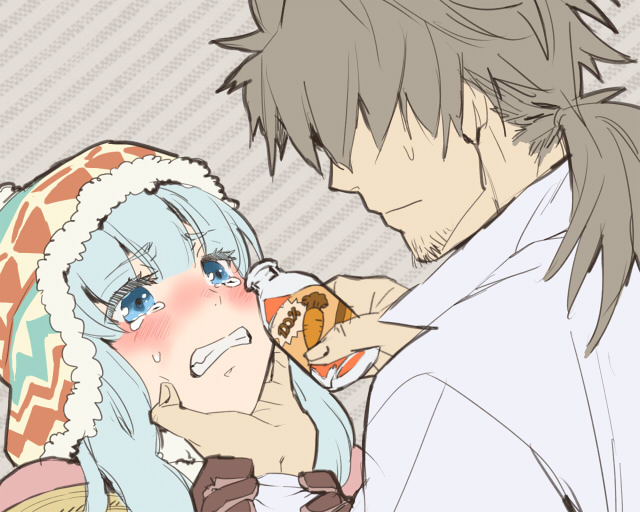 aqua_hair, atlus, blue_eyes, blush, bottle, brown_hair, carrot_juice, etrian_odyssey