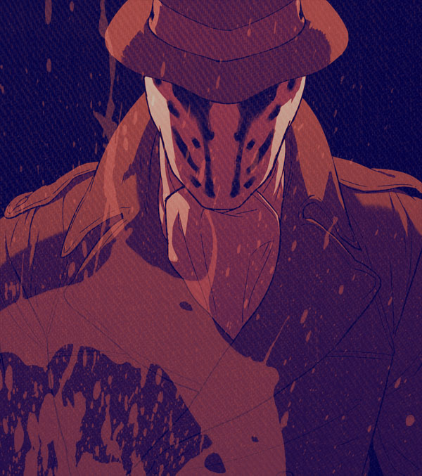 1boy, ascot, blood, coat, dc_comics, fedora, hat, inkblot, looking_at_viewer, male_focus, mask, monochrome, red_theme, rorschach, solo, splatter, trench_coat, watchmen, yamada_soshiki, ymd_ssk