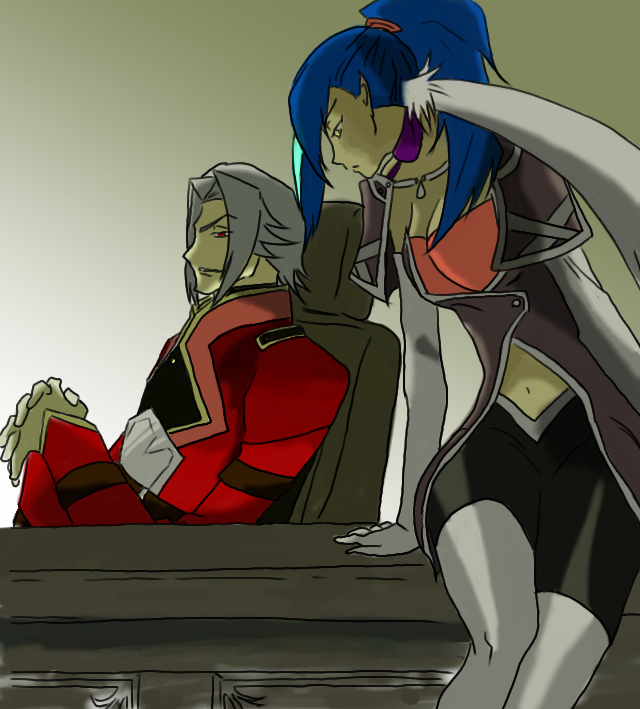 1boy, 1girl, alexei_dinoia, armor, belt, blue_hair, breasts, cleavage