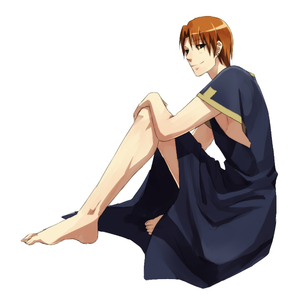 1boy, asura_(asr4000), barefoot, black_eyes, brown_hair, cosplay, dress, earrings