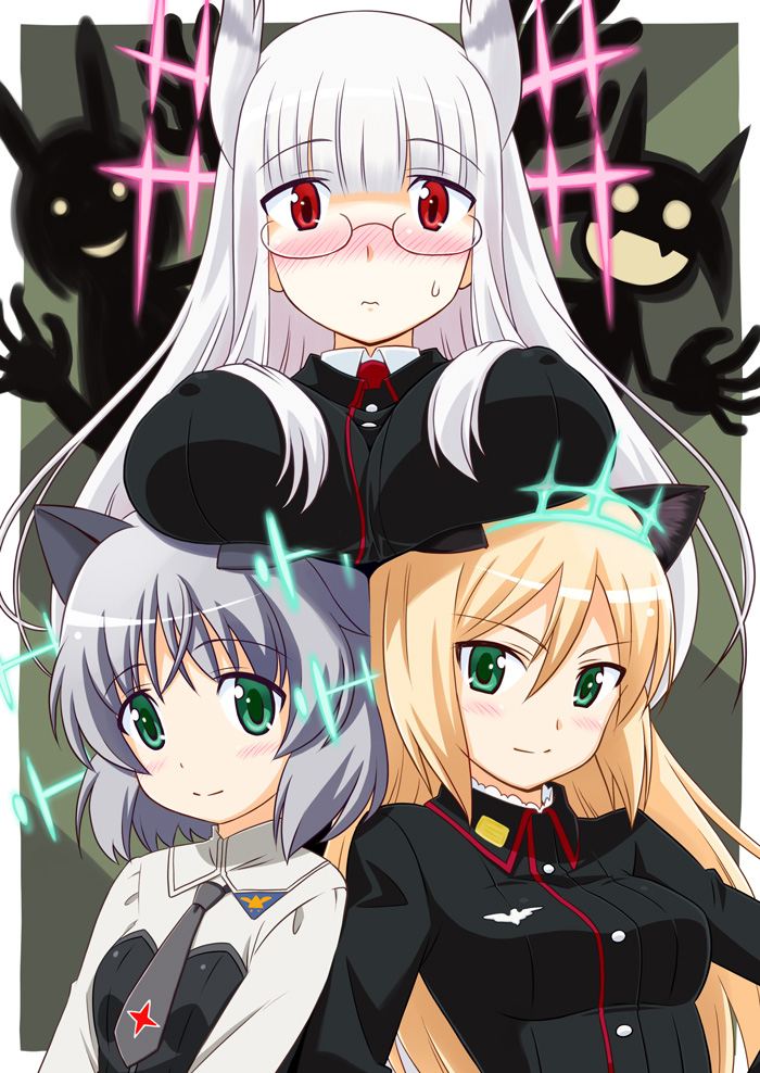10s, 5girls, animal_ears, aqua_eyes, blonde_hair, brave_witches, breast_rest, breasts, breasts_on_head, cat_ears, fang, glasses, grey_hair, head_wings, heidimarie_w._schnaufer, heinrike_prinzessin_zu_sayn-wittgenstein, hirschgeweih_antennas, large_breasts, medium_breasts, military, military_uniform, miyafuji_yoshika, multiple_girls, noble_witches, rabbit_girl, red_eyes, sanya_v._litvyak, shimohara_sadako, silhouette_demon, small_breasts, strike_witches, white_hair, wings, world_witches_series, yuuma_(artist), yuuma_(skirthike)