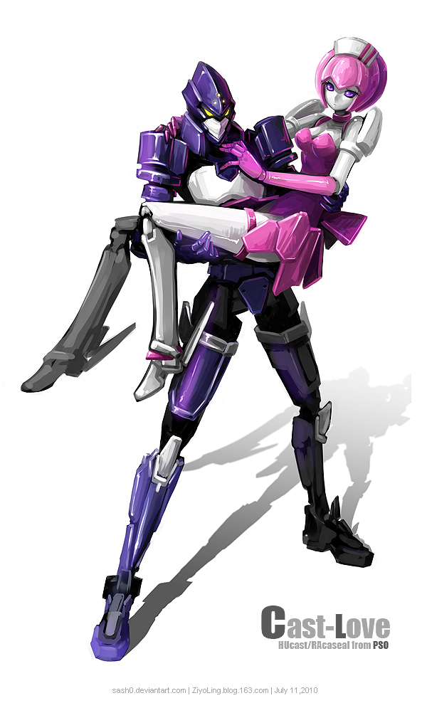 1boy, 1girl, android, bad_deviantart_id, bad_id, bow, carrying, elbow_gloves, elenor_camuel, gloves, hucast, joints, kireek, maid_headdress, pale_skin, phantasy_star, phantasy_star_online, pink_hair, pink_theme, princess_carry, puffy_sleeves, purple_eyes, racaseal, robot, robot_joints, short_hair, simple_background, skirt, standing, white_background, ziyo_ling, ziyoling