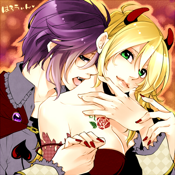 2girls, androgynous, bare_shoulders, black_hair, blonde_hair, breasts, chaka0w0, cleavage, fang, halloween, hoshii_miki, idolmaster, idolmaster_(classic), kikuchi_makoto, multiple_girls, nail_polish, short_hair, vampire, yuri
