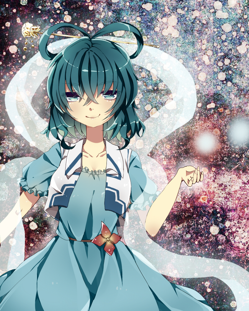 1girl, bad_id, bad_pixiv_id, blue_eyes, blue_hair, breasts, cleavage, collarbone