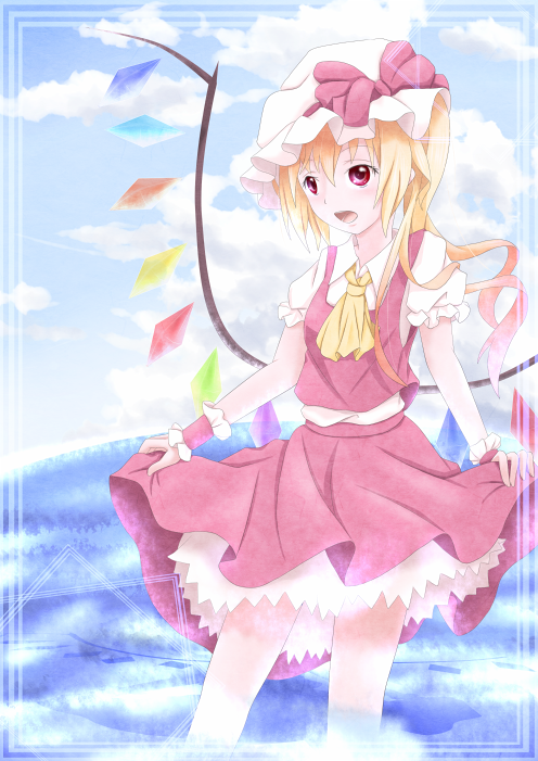 1girl, ascot, bad_id, bad_pixiv_id, blonde_hair, bow, cloud, crystal