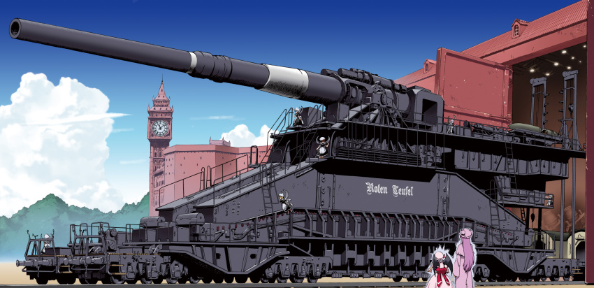 2girls, apron, artillery, banpresto, bat_wings, blonde_hair, bow, brown_hair, cannon, capelet, clock, clock_tower, fairy_maid_(touhou), fairy_wings, female_focus, german_text, hat, hat_ribbon, henshako, highres, long_hair, long_skirt, long_sleeves, maid, maid_apron, military, military_vehicle, motor_vehicle, multiple_girls, patchouli_knowledge, puffy_sleeves, purple_hair, railroad_tracks, railway_gun, ranguage, remilia_scarlet, ribbon, scarlet_devil_mansion, schwerer_gustav, self-propelled_artillery, short_hair, short_sleeves, siege_artillery, siege_weapon, silver_hair, skirt, super_robot_wars, text_focus, touhou, tower, translated, vehicle, very_long_hair, wide_sleeves, wings, world_war_ii