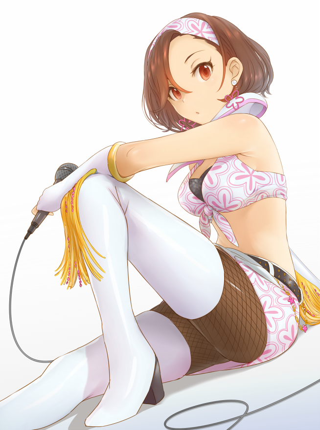 10s, 1girl, bare_shoulders, belt, boots, bra, breasts, brown_hair, dani-ikapi, earrings, female_focus, fishnet_pantyhose, fishnets, front-tie_top, hairband, halterneck, idolmaster, idolmaster_cinderella_girls, jewelry, looking_at_viewer, microphone, midriff, mizuki_seira, pantyhose, red_eyes, short_hair, short_shorts, shorts, solo, thigh_boots, thighhighs, underwear