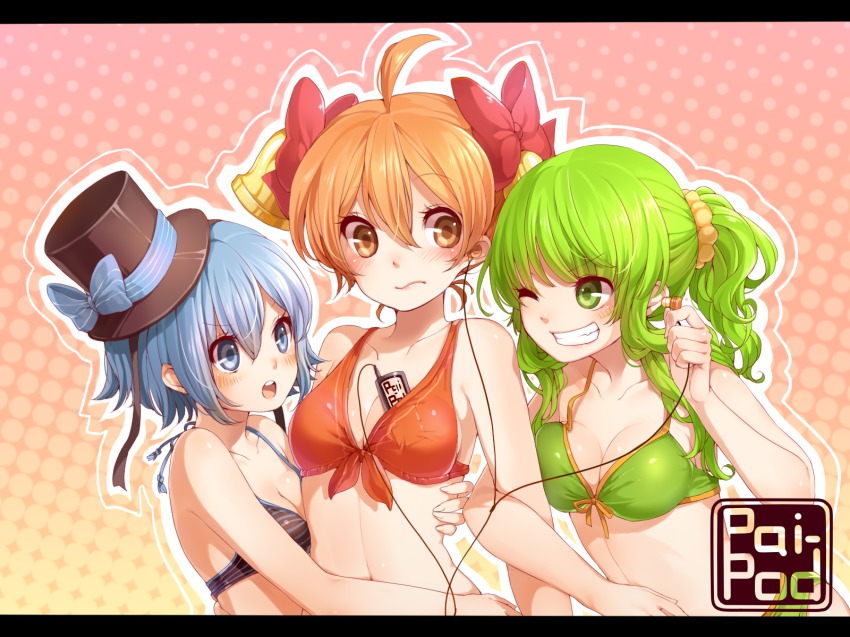 3girls, ahoge, bare_shoulders, bell, bellko_(rbb), bikini, hamko_(rbb), blue_bikini