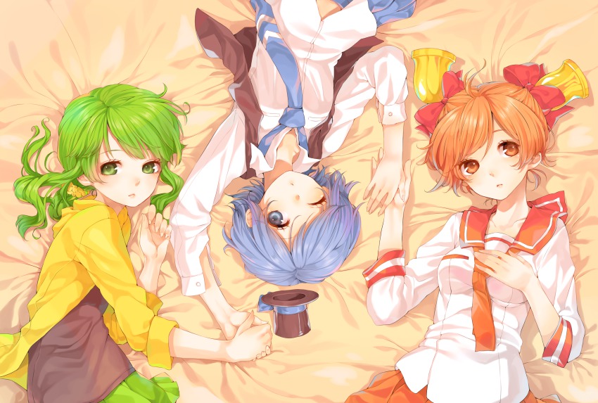 3girls, bed_sheet, bell, bellko_(rbb), blue_eyes, blue_hair, brown_eyes, green_eyes