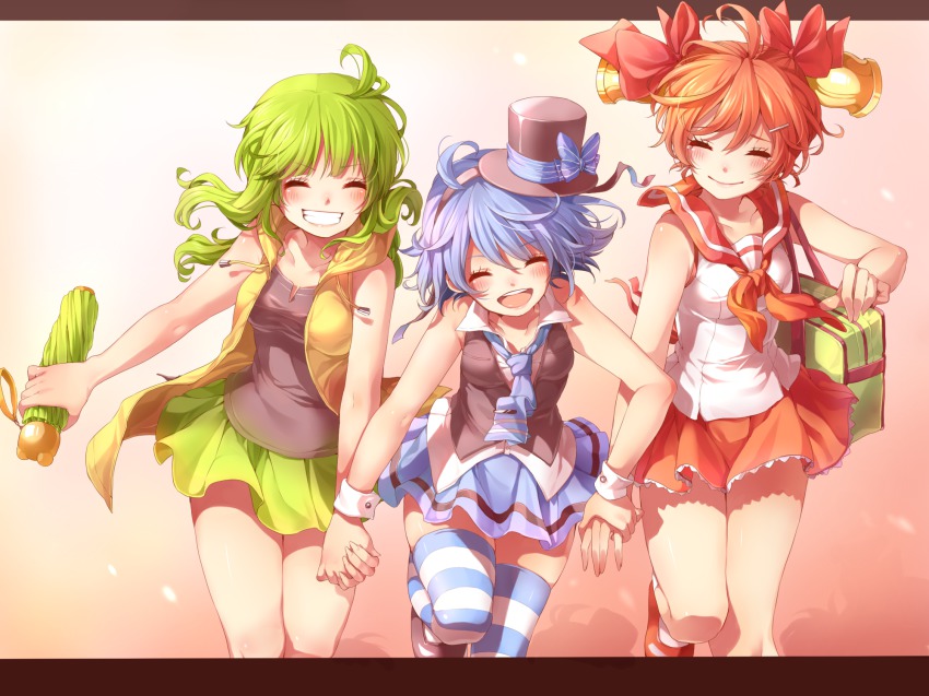 3girls, bag, bare_shoulders, bell, bellko_(rbb), hamko_(rbb), blue_hair, blue_thighhighs