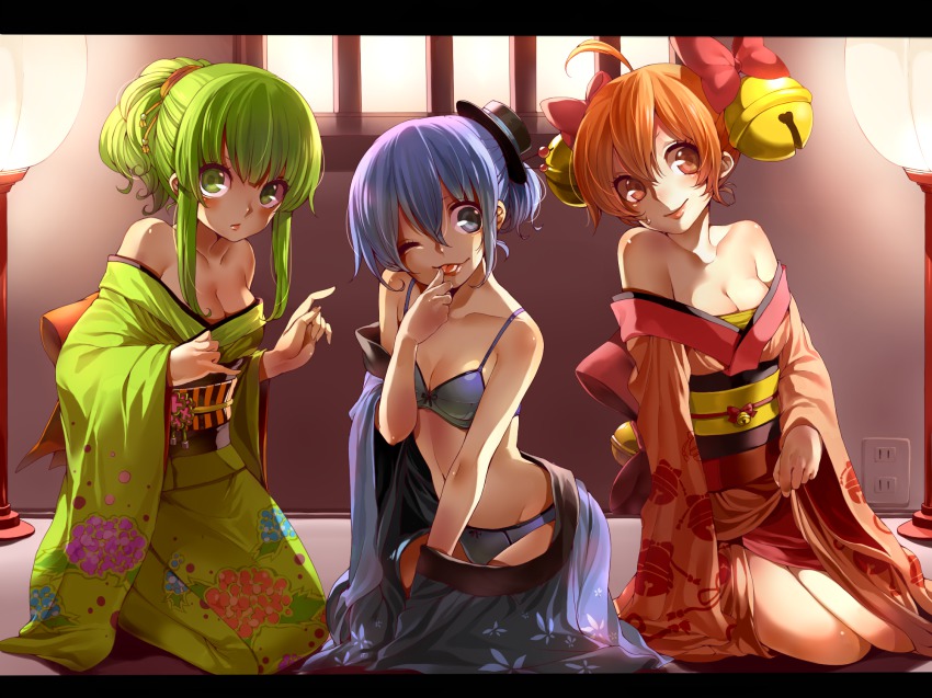3girls, :q, ahoge, bare_shoulders, bell, bellko_(rbb), hamko_(rbb), blue_bra, blue_hair, blue_panties, bra, breasts, cleavage, green_hair, hat, highres, japanese_clothes, kimono, letterboxed, long_hair, multiple_girls, navel, obi, off_shoulder, one_eye_closed, orange_hair, original, panties, ponytail, ketsuko_(rbb), rainybluebell, rojiko, sash, short_hair, sidelocks, sitting, smile, tongue, tongue_out, underwear, wink, yokozuwari
