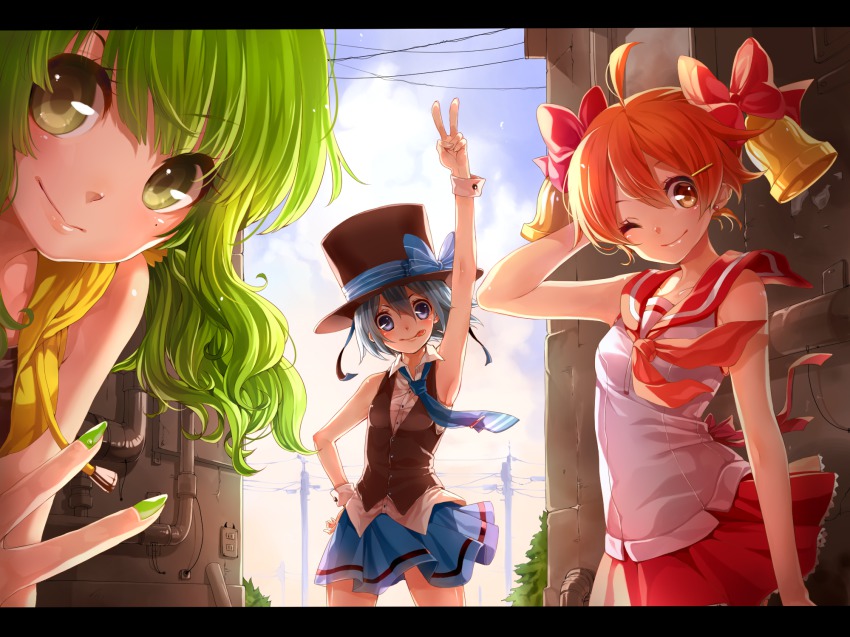 3girls, :p, ;), ahoge, arm_up, armpits, bare_shoulders, bell