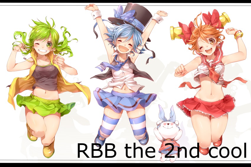 3girls, ;d, armpits, arms_up, bellko_(rbb), blue_hair, blue_thighhighs, bow