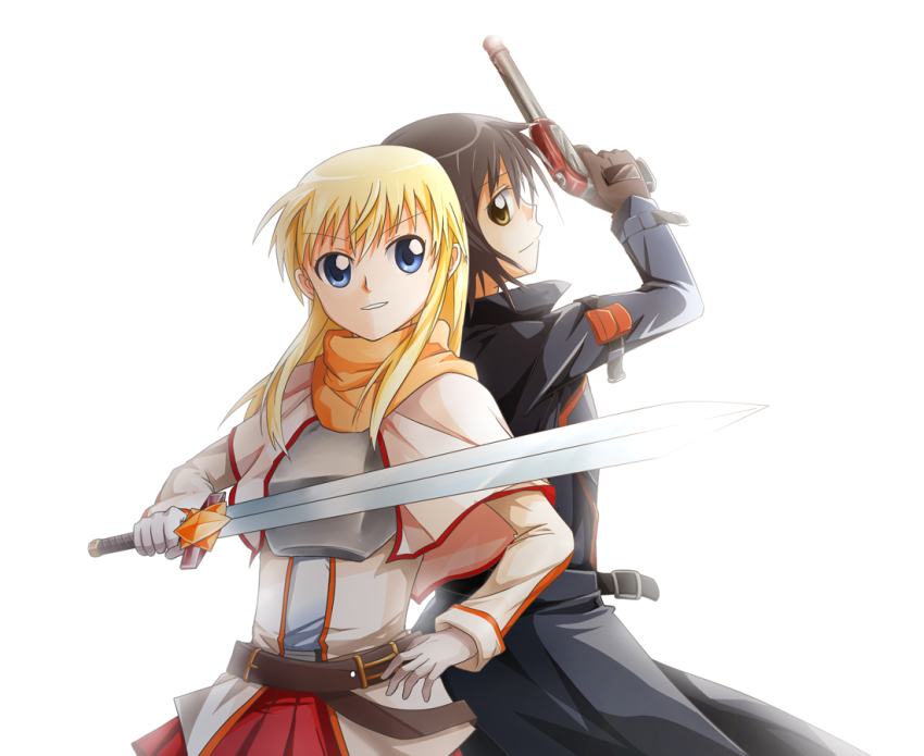 2girls, black_hair, blonde_hair, blue_eyes, brown_eyes, funami_yui, gun, llr