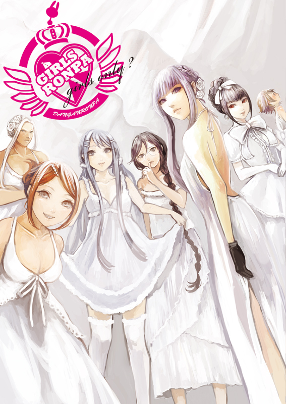 10s, 1boy, 6+girls, alternate_costume, asahina_aoi, bare_shoulders, black_hair, blunt_bangs, braid, breasts, brown_hair, celestia_ludenberg, cleavage, clothes_grab, crossdressing, danganronpa:_trigger_happy_havoc, danganronpa_(series), dark_skin, dress, dutch_angle, elbow_gloves, english_text, formal_clothes, fujisaki_chihiro, fukawa_toko, glasses, gloves, grey_hair, hair_ornament, hair_up, hairclip, kirigiri_kyoko, kisugae, long_hair, looking_at_viewer, looking_back, maizono_sayaka, medium_breasts, multiple_girls, odd_one_out, ogami_sakura, purple_hair, short_hair, single_braid, small_breasts, thighhighs, twintails, white_dress, white_legwear, white_theme, zettai_ryouiki