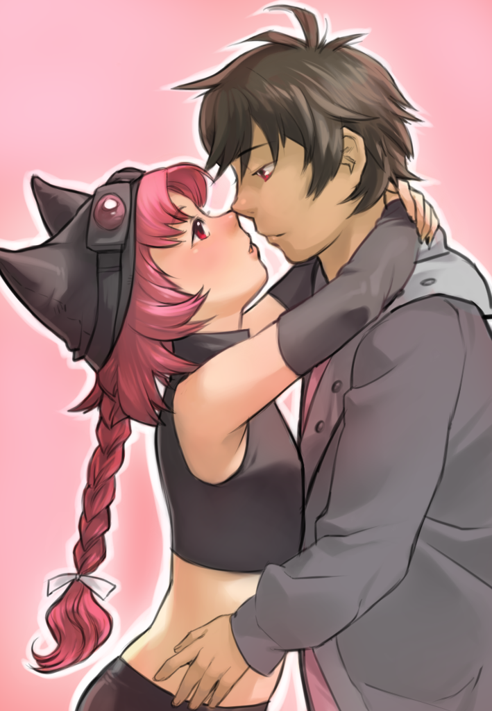 00s, 1boy, 1girl, animal_ears, arms_around_neck, black_hair, braid, cat_ears, couple, crop_top, dark-skinned_male, dark_skin, date_kyousuke, detached_sleeves, eye_contact, goggles, goggles_on_head, hat, height_difference, hetero, imminent_kiss, looking_at_another, nakahara_komugi, noses_touching, nurse_witch_komugi-chan, pink_eyes, pink_hair, profile, roarke_(lavenderincubus), single_braid, soul_taker, tatsunoko