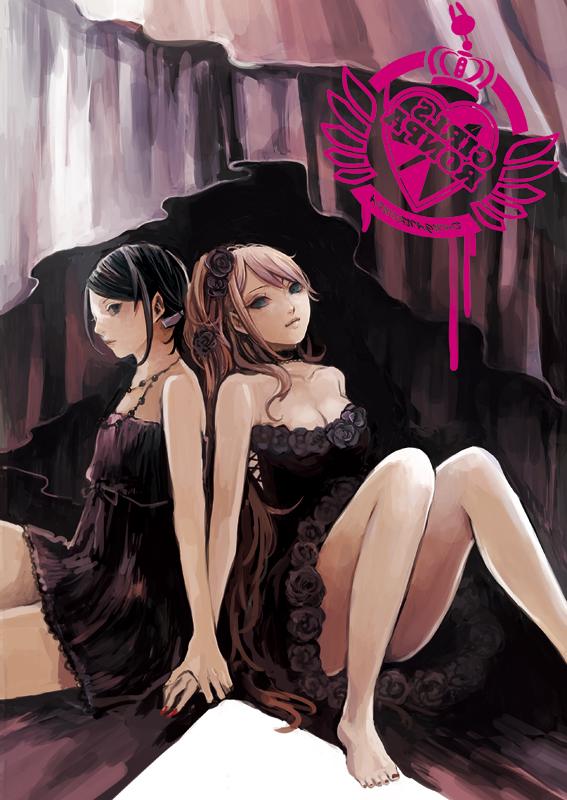 10s, 2girls, back-to-back, bare_legs, bare_shoulders, barefoot, black_dress, black_flower, black_hair, black_rose, black_theme, brown_hair, choker, curtains, danganronpa:_trigger_happy_havoc, danganronpa_(series), dress, enoshima_junko, fingernails, flower, hair_flower, hair_ornament, holding_hands, ikusaba_mukuro, jewelry, kisugae, long_fingernails, long_hair, long_legs, mirrored_text, multiple_girls, nail_polish, necklace, profile, rose, short_dress, siblings, sisters, sitting, sleeveless, sleeveless_dress, spoilers, toenail_polish, toenails, twins
