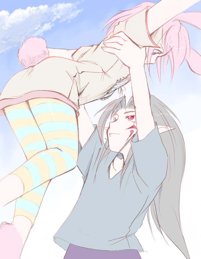 1boy, 1girl, animal_ears, cail_ishbahn, charat_sieles, eternal_melody, jason_(kaiten_kussaku_kikou), leggings, lifting_person, long_hair, pink_hair, pointy_ears, rabbit_ears, rabbit_tail, red_eyes, short_hair, smile, striped_legwear, tail