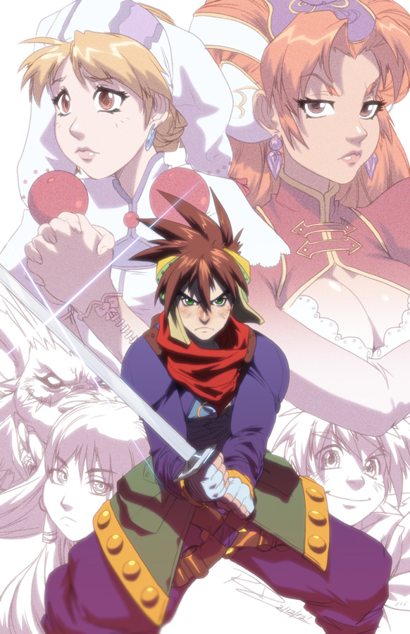 2boys, 3girls, beastman, blonde_hair, breasts, brown_hair, cleavage, earrings, elena_(grandia), eyelashes, fighting_stance, fingerless_gloves, game_arts, gloves, grandia, grandia_ii, green_eyes, headdress, jewelry, large_breasts, lips, mareg_(grandia), millenia_(grandia), multiple_boys, multiple_girls, nose, orange_hair, praying, red_eyes, roan_(grandia), robaato, ryudo_(grandia), scarf, spiked_hair, sword, tio_(grandia), weapon