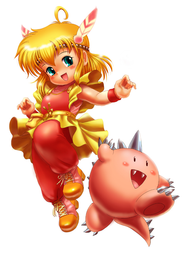 1girl, blonde_hair, blush, circlet, creature, dragon_slayer_iv_drasle_family, falcom, fang, feathers, full_body, green_eyes, lyll, lyll_(drasle_family), moriichi, pants, pochi_(drasle_family), shoes, short_hair, skirt, smile, white_background