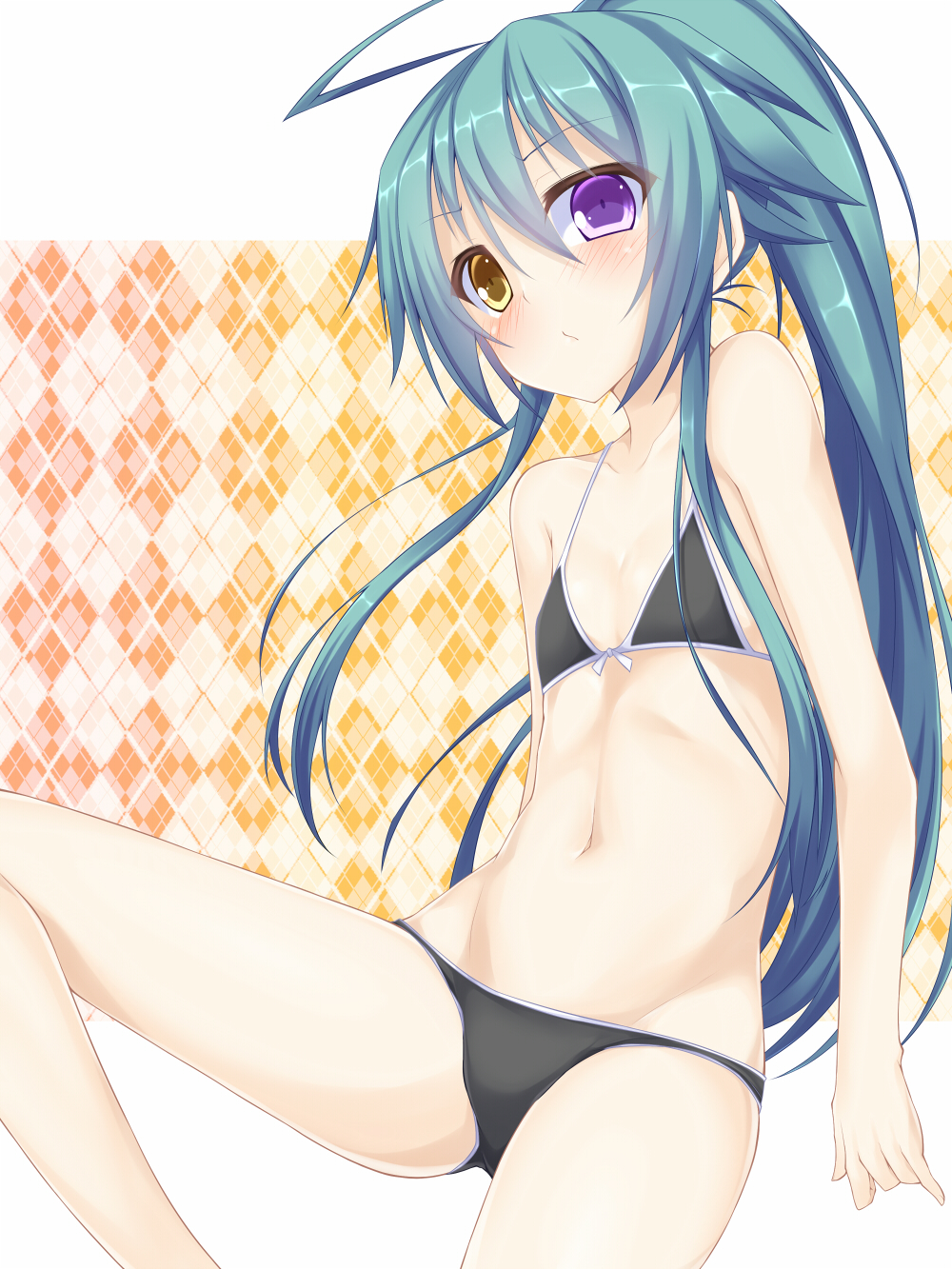 1girl, ahoge, bikini, black_bikini, blush, breasts, female_focus, flat_chest