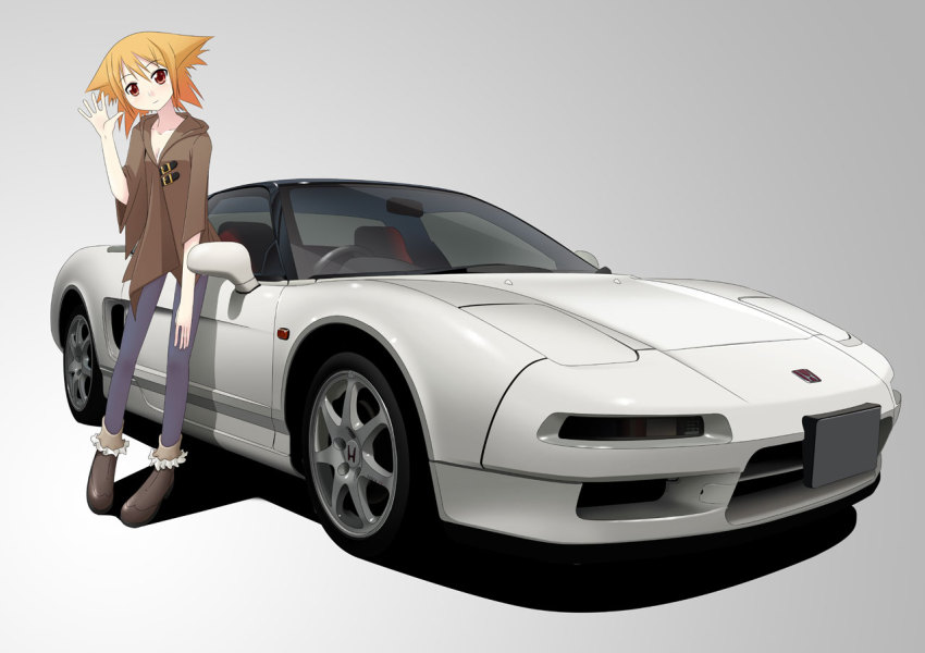 1girl, breasts, car, cleavage, female_focus, full_body, honda, honda_nsx
