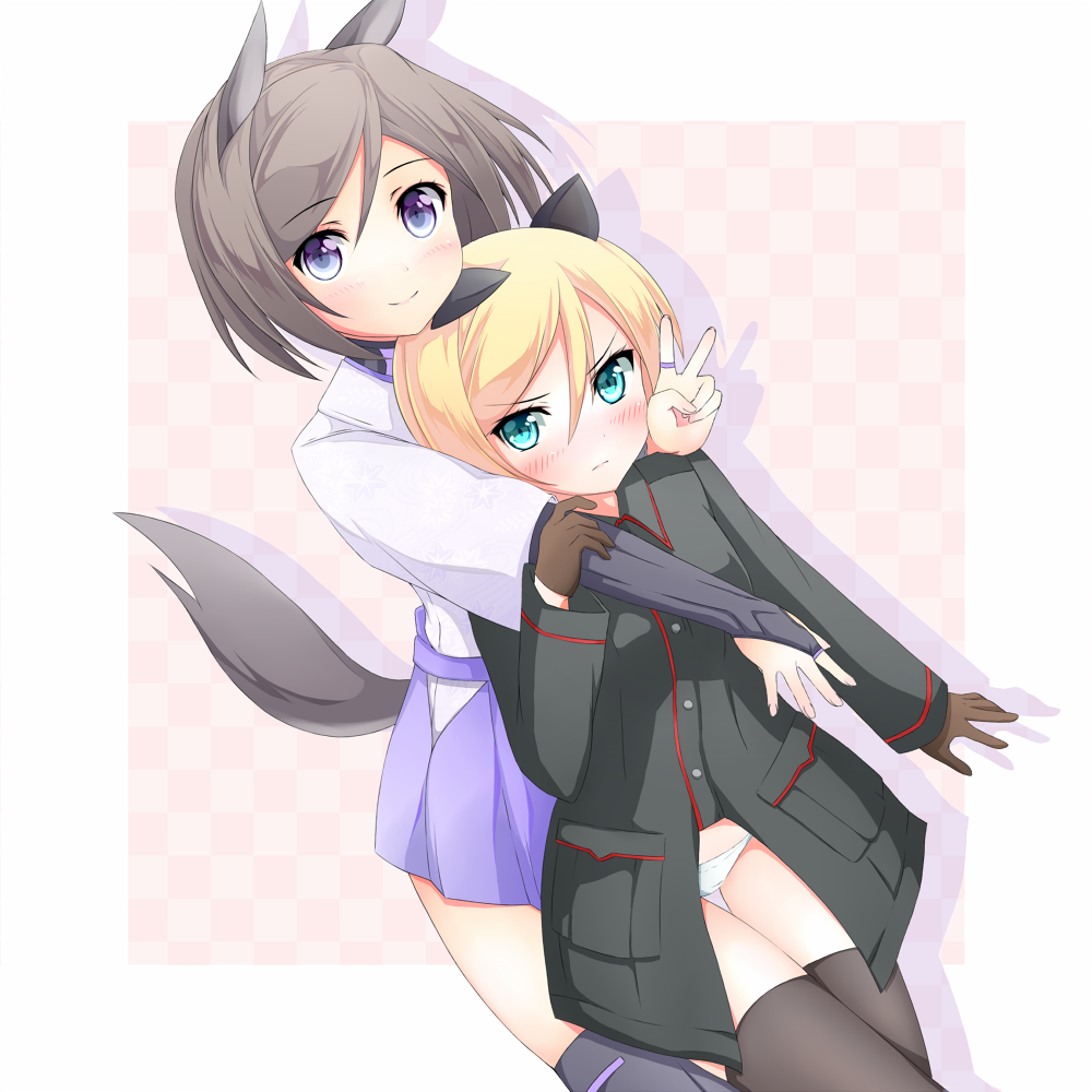 2girls, animal_ears, aqua_eyes, black_legwear, blonde_hair, blue_eyes, brown_hair, dog_ears, dog_tail, gloves, hakama, hakama_short_skirt, hakama_skirt, heinrike_prinzessin_zu_sayn-wittgenstein, hug, hug_from_behind, japanese_clothes, kuroda_kunika, military, military_uniform, multiple_girls, no_pants, noble_witches, skirt, strike_witches, tail, thighhighs, v, world_witches_series, yagurumasou, zettai_ryouiki