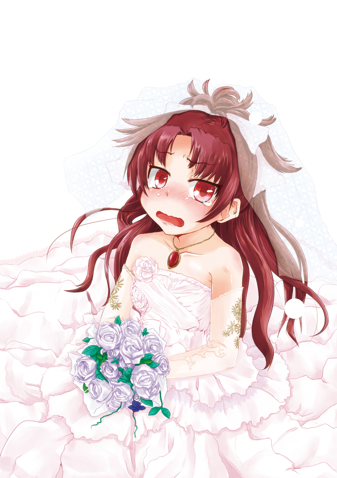 10s, 1girl, bare_shoulders, blush, dress, elbow_gloves, flower, gloves