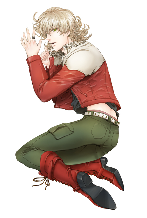 10s, 1boy, barnaby_brooks_jr., blonde_hair, glasses, green_eyes, jacket, jewelry, kkkrrrooo, male_focus, red_jacket, ring, solo, tiger_&amp;_bunny
