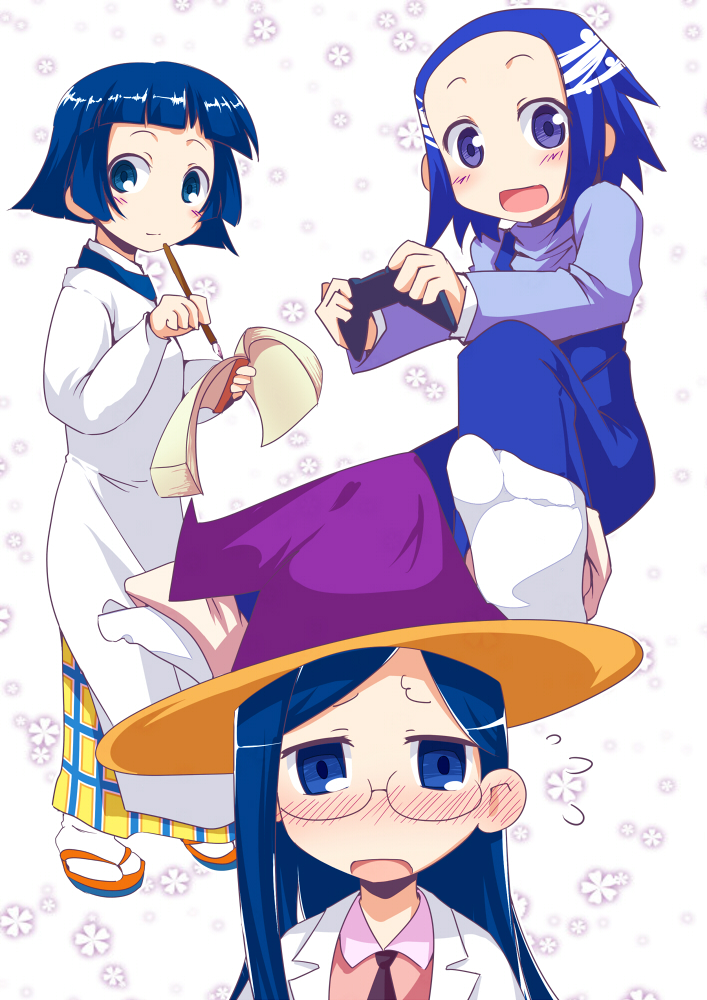 3girls, apron, blue_eyes, blue_hair, blush, chata_maru_(irori_sabou), ear_blush, flying_sweatdrops