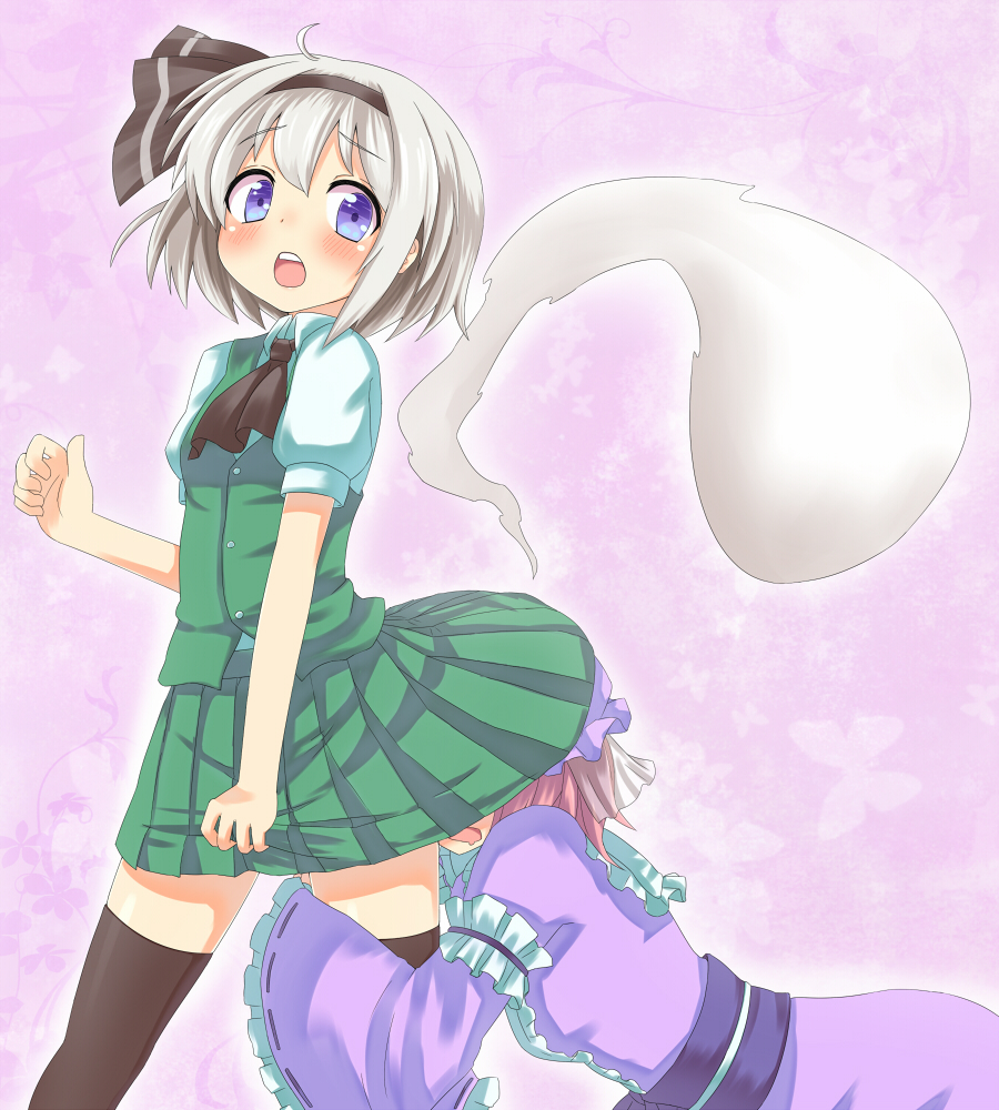 2girls, ahoge, black_legwear, blue_eyes, blush, female_focus, female_pervert, hairband