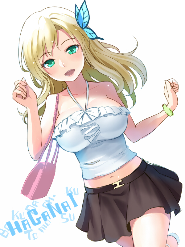 10s, 1girl, :d, bag, blonde_hair, boku_wa_tomodachi_ga_sukunai, breasts, butterfly_hair_ornament