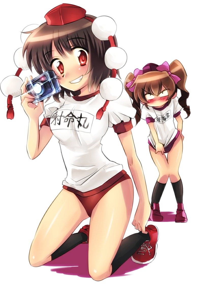 2girls, alternate_costume, bad_id, bad_pixiv_id, black_socks, blush, bow, brown_hair, buruma, camera, embarrassed, female_focus, grin, gym_uniform, hair_bow, hat, highres, himekaidou_hatate, kneehighs, kneeling, koinohito, multiple_girls, puffy_sleeves, red_eyes, shameimaru_aya, shirt_tug, short_hair, short_sleeves, smile, socks, tokin_hat, torisuke_(koinohito), touhou, twintails