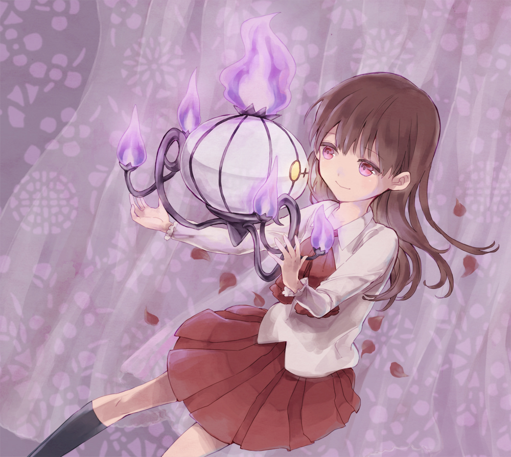 1girl, brown_hair, chandelure, crossover, curtains, eim_(gaziko), gen_5_pokemon, ib_(ib)