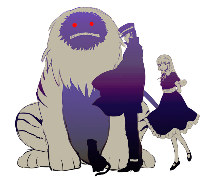 1boy, 1girl, alice_(megami_tensei), atlus, blue_dress, cape, cat, child, devil_summoner_(series), dress, gouto, hair_ribbon, hairband, harano, hat, kuzunoha_raidou, mary_janes, nue_(megami_tensei), pantyhose, red_eyes, ribbon, school_uniform, shako_cap, shin_megami_tensei, shoes, white_pantyhose