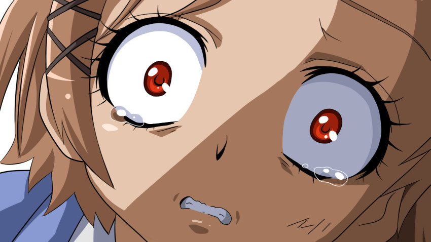 1girl, accel_world, brown_hair, cat_hair_ornament, constricted_pupils, despair, female_focus, hair_ornament