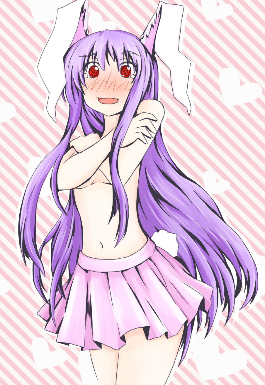 1girl, @_@, animal_ears, blush, breast_hold, breasts, covering_breasts, covering_privates, female_focus, highres, kuroneko_(kuroi-neko), long_hair, miniskirt, navel, purple_hair, rabbit_ears, rabbit_girl, rabbit_tail, red_eyes, reisen_udongein_inaba, skirt, solo, standing, tail, tears, topless_female, touhou, very_long_hair