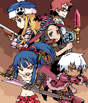 2boys, 3girls, angry, armband, armor, atlus, belt, black_hair