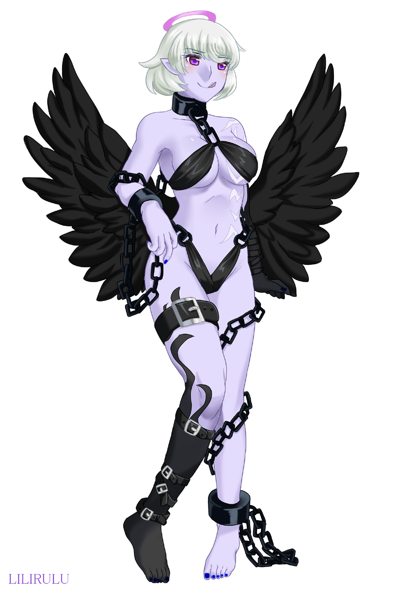 1girl, aged_up, angel, angel_wings, bare_shoulders, bdsm, black_wings, blush, bondage, bound, breasts, chain, cleavage, collar, colored_skin, dark_angel, dark_angel_(monster_girl_encyclopedia), demon_girl, feathers, halo, highres, lilirulu, midriff, monster_girl, monster_girl_encyclopedia, naughty_face, pointy_ears, purple_skin, red_eyes, short_hair, silver_hair, tattoo, tongue, underboob, wings
