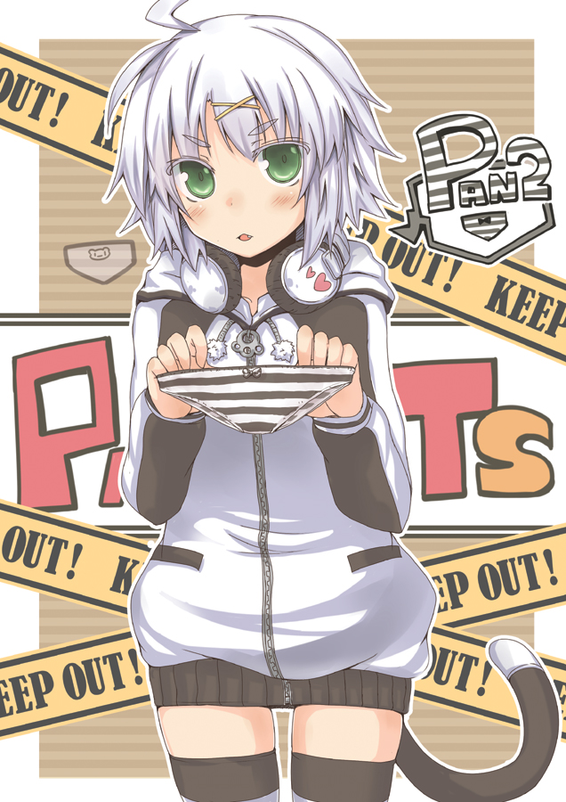 1girl, blush, bow, bow_panties, cat_tail, caution_tape, green_eyes, headphones