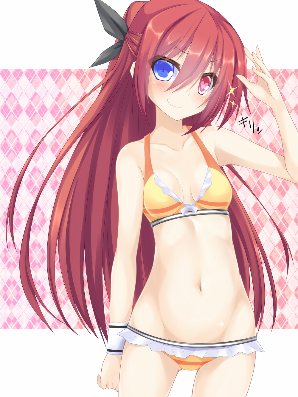 1girl, argyle_background, argyle_clothes, bikini, blue_eyes, blush, bow, breasts, cleavage, female_focus, francesca_alberti, hair_bow, hair_ribbon, heart, heart-shaped_pupils, heterochromia, highres, long_hair, navel, original, red_eyes, red_hair, ribbon, smile, solo, standing, suterii, swimsuit, symbol-shaped_pupils, wristband, yellow_bikini